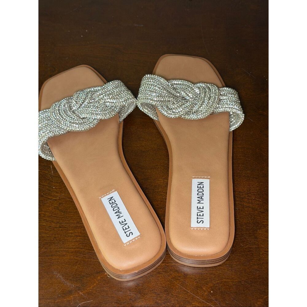Steve Madden bling silver rhinestone knot detail slide on sandals 8 - Picture 3 of 5